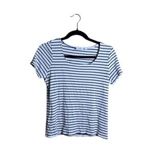 Cyrus Essentials‎ Womens Large White Navy Blue Striped Ribbed Scoop Neck Tee Top